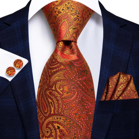 Orange Grey Paisley 2026 New Fashion Brand Tie for Men Wedding Party Necktie Set Handky Cufflinks Gift Wholesale Hi-Tie Designer