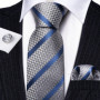 Fashion Men Tie Set Silk Blue Silver Gray Striped Necktie Handkerchief Cufflinks Barry. Wang Tie Pin Brooches Designer FA-5915