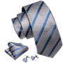 Fashion Men Tie Set Silk Blue Silver Gray Striped Necktie Handkerchief Cufflinks Barry. Wang Tie Pin Brooches Designer FA-5915