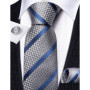 Fashion Men Tie Set Silk Blue Silver Gray Striped Necktie Handkerchief Cufflinks Barry. Wang Tie Pin Brooches Designer FA-5915