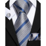 Fashion Men Tie Set Silk Blue Silver Gray Striped Necktie Handkerchief Cufflinks Barry. Wang Tie Pin Brooches Designer FA-5915