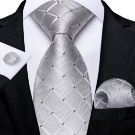 New Sliver Grey Plaid Striped Ties for Men 150cm Business Wedding Neck Tie Pocket Square Cufflinks Party Accessories