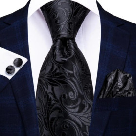 Hi-Tie Floral Black Solid New Design 2023 New Fashion Brand Tie for Men Wedding Party Necktie Handky Cufflinks Gift Wholesale