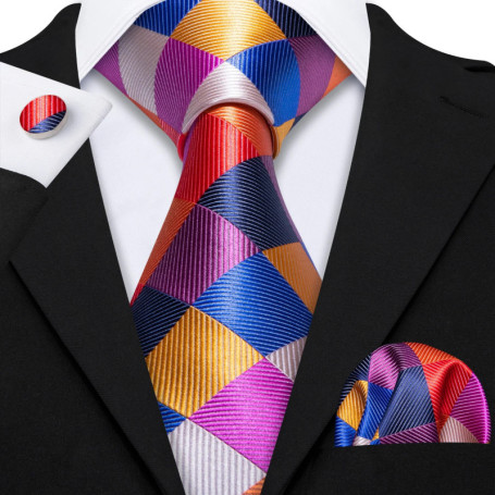 Barry.Wang Jacquard Check Silk Mens Tie Pocket Sqaure Cufflinks Set Lattice Plaid Necktie For Male Wedding Business Party Gift