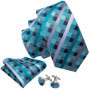 Barry.Wang Jacquard Check Silk Mens Tie Pocket Sqaure Cufflinks Set Lattice Plaid Necktie For Male Wedding Business Party Gift