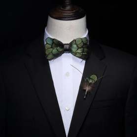 JEMYGINS Original Green Birds Feather Bow Tie Natural Hand Made Bowtie Brooch Gift Box Set For Men Business Party Wedding