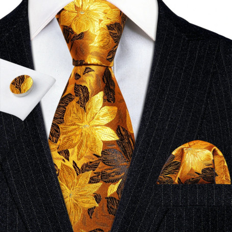 Elegant Mens Ties Gold Leaves Floral Neck Tie Pocket Square Cufflinks Set Wedding Business Party Gift 5966