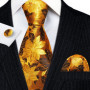 Elegant Mens Ties Gold Leaves Floral Neck Tie Pocket Square Cufflinks Set Wedding Business Party Gift 5966