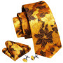 Elegant Mens Ties Gold Leaves Floral Neck Tie Pocket Square Cufflinks Set Wedding Business Party Gift 5966