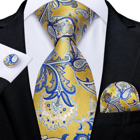 DiBanGu Mens Necktie Gold Yellow Blue Paisley Silk Wedding Tie For Men Tie Hanky Cufflink Set Business Party Dropshipping