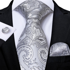 DiBanGu Mens Ties Silver Striped Silk Wedding Tie For Men Hanky Cufflinks Tie Set Fashion Designer Bussiness Party Dropshipping