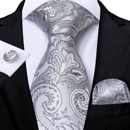 DiBanGu Mens Ties Silver Striped Silk Wedding Tie For Men Hanky Cufflinks Tie Set Fashion Designer Bussiness Party Dropshipping