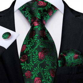 Green Ties for Men 8cm Striped Paisley Floral Wedding Party Formal Silk Polyester Necktie Handkerchief Cufflinks Gift Dropship