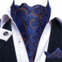 Men Luxury Ascot Tie Cravat Tie Handkerchief Cufflinks 3pcs Set Blue Paisley Floral Wedding Party Cravats Necktie