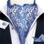 Men Luxury Ascot Tie Cravat Tie Handkerchief Cufflinks 3pcs Set Blue Paisley Floral Wedding Party Cravats Necktie