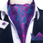 Men Luxury Ascot Tie Cravat Tie Handkerchief Cufflinks 3pcs Set Blue Paisley Floral Wedding Party Cravats Necktie