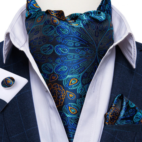 Men Luxury Ascot Tie Cravat Tie Handkerchief Cufflinks 3pcs Set Blue Paisley Floral Wedding Party Cravats Necktie