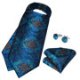 Men Luxury Ascot Tie Cravat Tie Handkerchief Cufflinks 3pcs Set Blue Paisley Floral Wedding Party Cravats Necktie