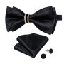 Solid Black Pre-tied Bowtie with Diamond Half Ring Decor Fashion Pocket Square Cufflinks Set Business Party Men's Luxury Bow Tie