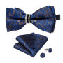 Solid Black Pre-tied Bowtie with Diamond Half Ring Decor Fashion Pocket Square Cufflinks Set Business Party Men's Luxury Bow Tie