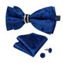 Solid Black Pre-tied Bowtie with Diamond Half Ring Decor Fashion Pocket Square Cufflinks Set Business Party Men's Luxury Bow Tie
