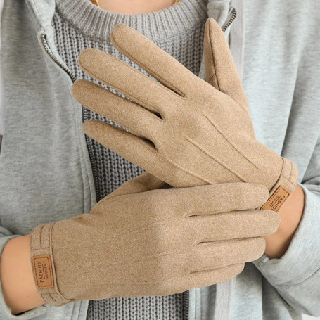 Winter Men Plush Warm Cashmere Outdoor Sports Cycling Mittens Women Three Ribs Suede Leather Touch Screen Driving Glove J98