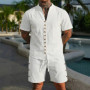 Men's Summer Cotton Linen Short Sleeve Shirt and Shorts Set, Stand Collar Button Down Casual Beach Wear, Two Piece