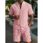 Men's Summer Cotton Linen Short Sleeve Shirt and Shorts Set, Stand Collar Button Down Casual Beach Wear, Two Piece