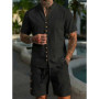 Men's Summer Cotton Linen Short Sleeve Shirt and Shorts Set, Stand Collar Button Down Casual Beach Wear, Two Piece