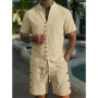 Men's Summer Cotton Linen Short Sleeve Shirt and Shorts Set, Stand Collar Button Down Casual Beach Wear, Two Piece