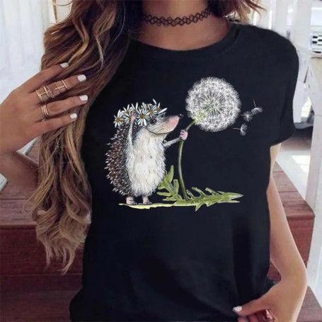 Cotton 100 Women's Short Sleeve Explosive Hedgehog Print Fashion Crew Neck T-shirt Oversized T Shirt Aesthetic Clothes Tops