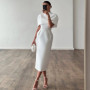 Elegant Solid Shawl Dress Women's Suit Short Sleeve Waist-Closed Slim Lady Set 2026 Spring Summer 2 Pieces Set Women Outfits