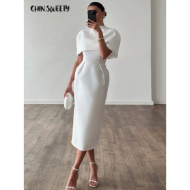 Elegant Solid Shawl Dress Women's Suit Short Sleeve Waist-Closed Slim Lady Set 2026 Spring Summer 2 Pieces Set Women Outfits