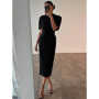Elegant Solid Shawl Dress Women's Suit Short Sleeve Waist-Closed Slim Lady Set 2026 Spring Summer 2 Pieces Set Women Outfits