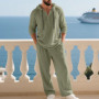 Men's Linen Casual Set 2 Pieces Spring Summer Loose Fit Hooded Henley Shirt & Pants Set Breathable Outdoor Vacation Style