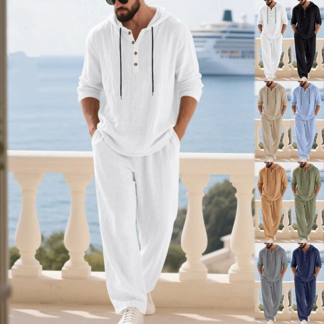 Men's Linen Casual Set 2 Pieces Spring Summer Loose Fit Hooded Henley Shirt & Pants Set Breathable Outdoor Vacation Style