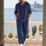 Men's Linen Casual Set 2 Pieces Spring Summer Loose Fit Hooded Henley Shirt & Pants Set Breathable Outdoor Vacation Style