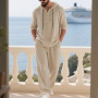Men's Linen Casual Set 2 Pieces Spring Summer Loose Fit Hooded Henley Shirt & Pants Set Breathable Outdoor Vacation Style