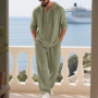 Men's Linen Casual Set 2 Pieces Spring Summer Loose Fit Hooded Henley Shirt & Pants Set Breathable Outdoor Vacation Style