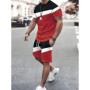 Summer Men's Stripe Print Short Sleeve Tee Elastic waist Shorts 2 Pieces Set Plus Size Loose O-Neck T-shirt Pockets Shorts Set