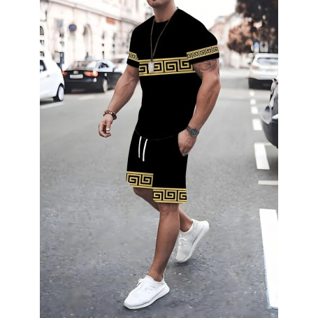 Summer Men's Stripe Print Short Sleeve Tee Elastic waist Shorts 2 Pieces Set Plus Size Loose O-Neck T-shirt Pockets Shorts Set