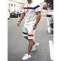 Summer Men's Stripe Print Short Sleeve Tee Elastic waist Shorts 2 Pieces Set Plus Size Loose O-Neck T-shirt Pockets Shorts Set