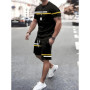 Summer Men's Stripe Print Short Sleeve Tee Elastic waist Shorts 2 Pieces Set Plus Size Loose O-Neck T-shirt Pockets Shorts Set