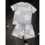 Fashion Men's Black and White Flower Graphic Print T-shirt Shorts 2-piece Set O-neck Short Sleeve Top Elastic Waist Shorts Set