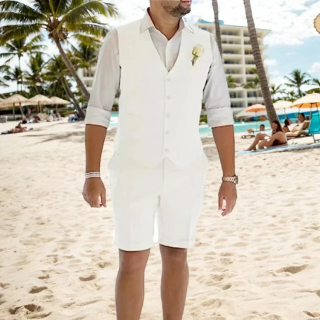 Casual Men's Linen Suit 2 Piece Vest and Short Pants Fashion Slim Fit Short Suits Tuxedo For Prom Summer Beach Wedding Party
