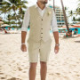Casual Men's Linen Suit 2 Piece Vest and Short Pants Fashion Slim Fit Short Suits Tuxedo For Prom Summer Beach Wedding Party