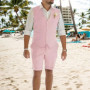 Casual Men's Linen Suit 2 Piece Vest and Short Pants Fashion Slim Fit Short Suits Tuxedo For Prom Summer Beach Wedding Party