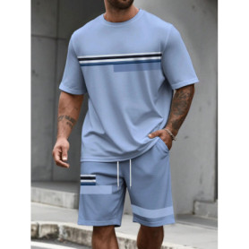 Casual Stripe Printed T-shirt Shorts Set Large Size Loose Men's Short Sleeve Tee Elastic Waist Shorts 2-piece Set Sports Clothes