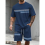 Casual Stripe Printed T-shirt Shorts Set Large Size Loose Men's Short Sleeve Tee Elastic Waist Shorts 2-piece Set Sports Clothes