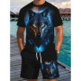Summer New Arrival Wolf Print 3D Pattern Casual Men's Set Short-Sleeve Shirt and Shorts Two-Piece Set Everyday Casual Men's Wear